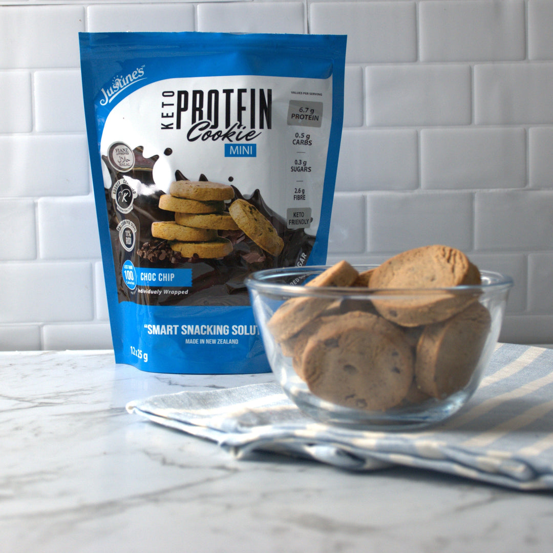 keto choc chip mini protein cookies in a bowl