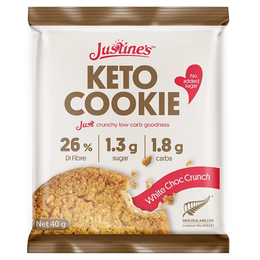 Justine's Keto White Choc Crunch 40g front