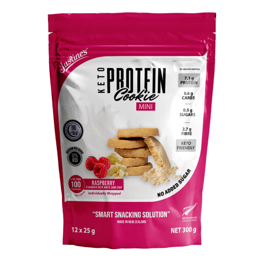 Justine's Keto Raspberry White Choc Mini Protein Cookie Pouch 300g Media 1 of 3