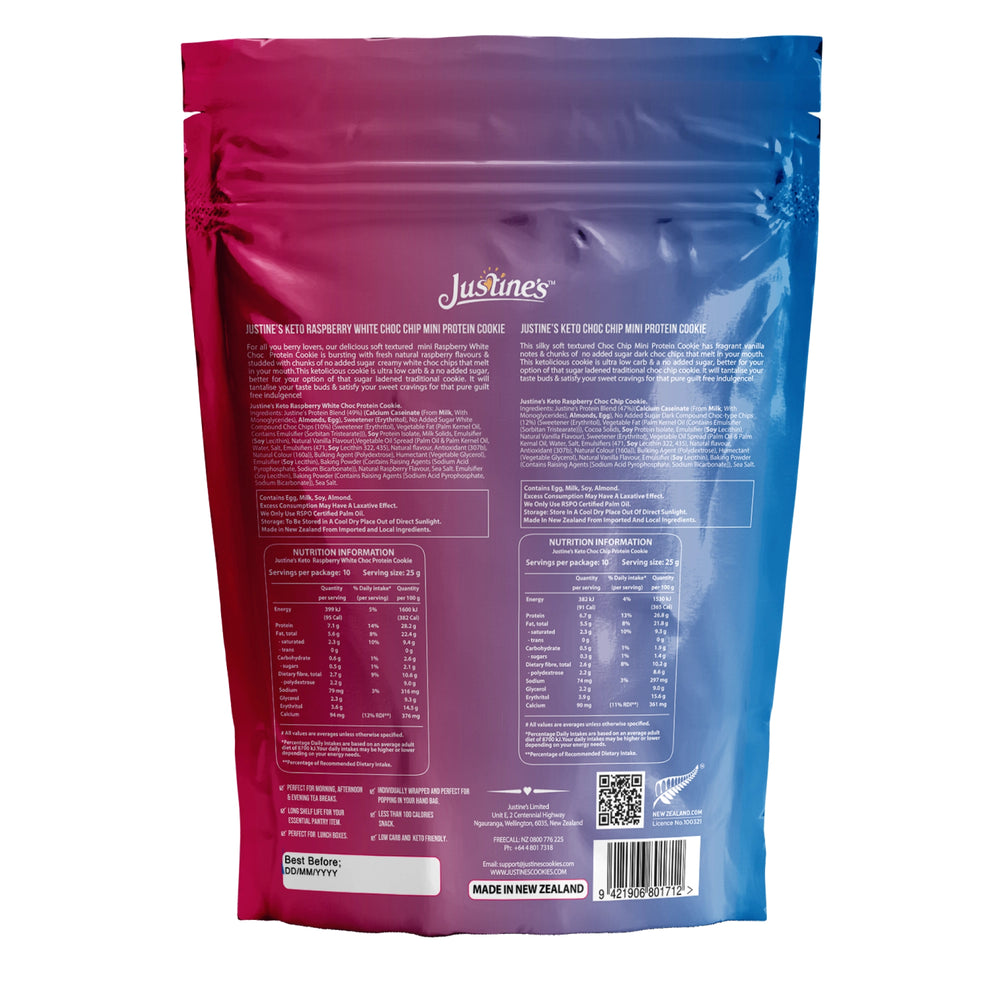 Pouch of 20 X 25G Mini Keto Protein Cookie Variety Pack Choc Chip & Raspberry White Choc 500g back and nutrition