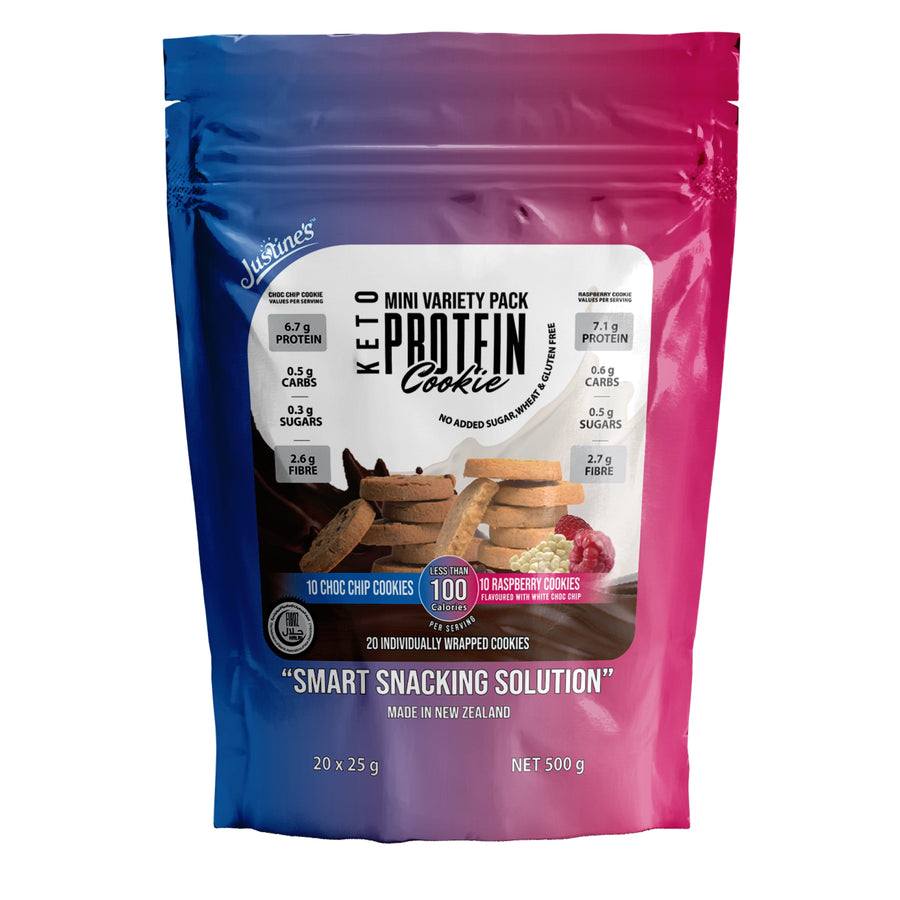 Pouch of 20 X 25G Mini Keto Protein Cookie Variety Pack Choc Chip & Raspberry White Choc 500g