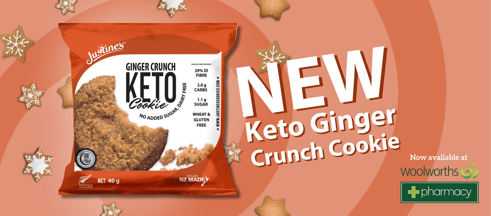 Justine's New Keto Ginger Crunch Cookie now at woolworths pharmacy nz