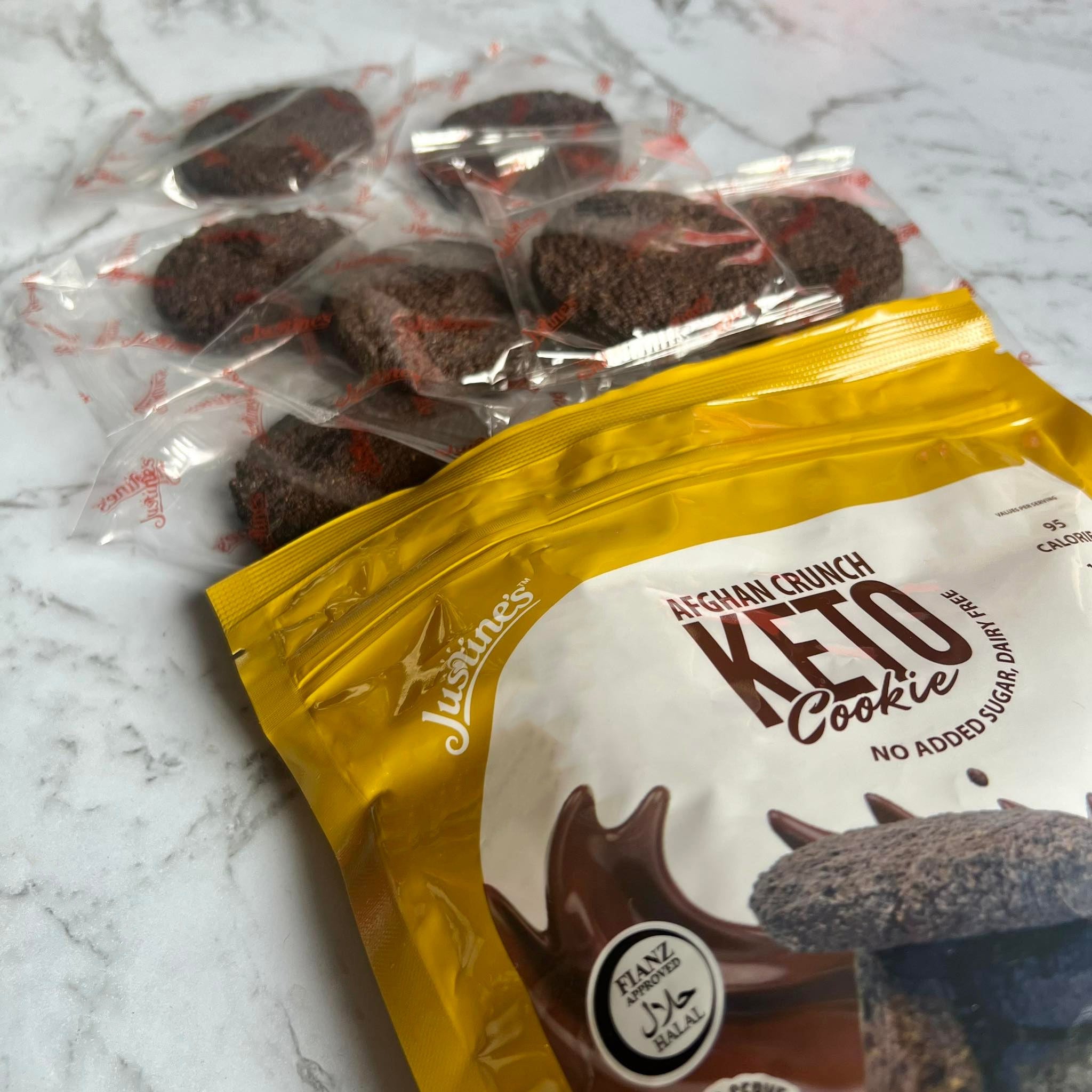 Justine's Keto Afghan Crunch Cookie pouch of 25g x 20