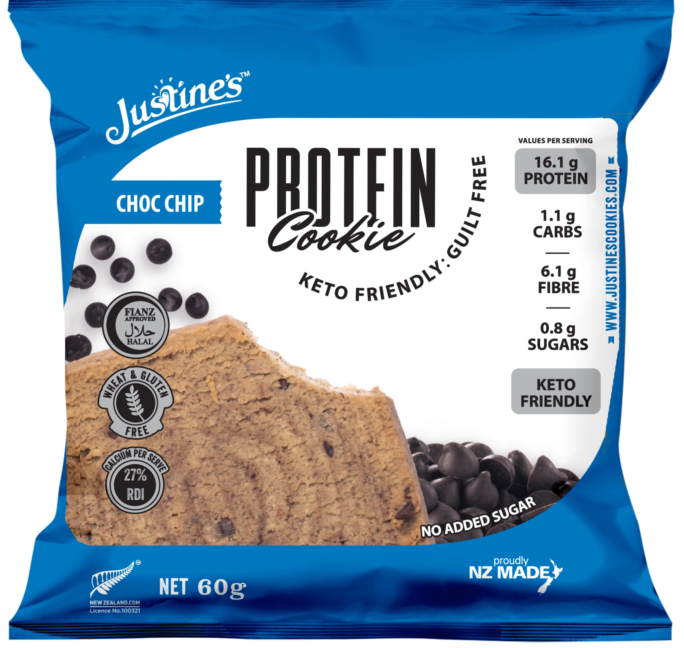 Justine's Protein Cookie Choc Chip 60g - 4 Boxes of 12