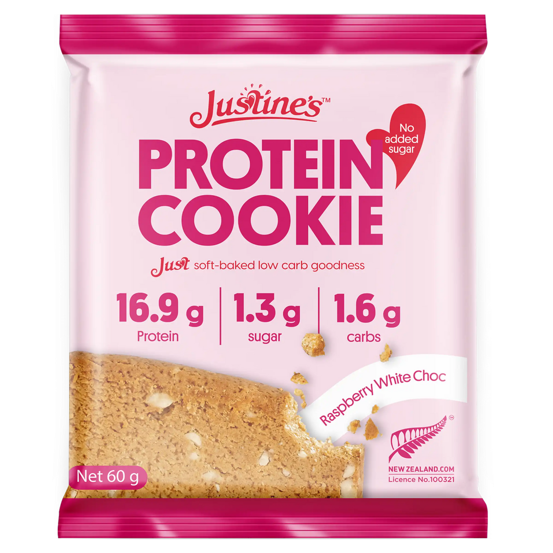Justine's Keto Raspberry White Choc Protein Cookie 60g front