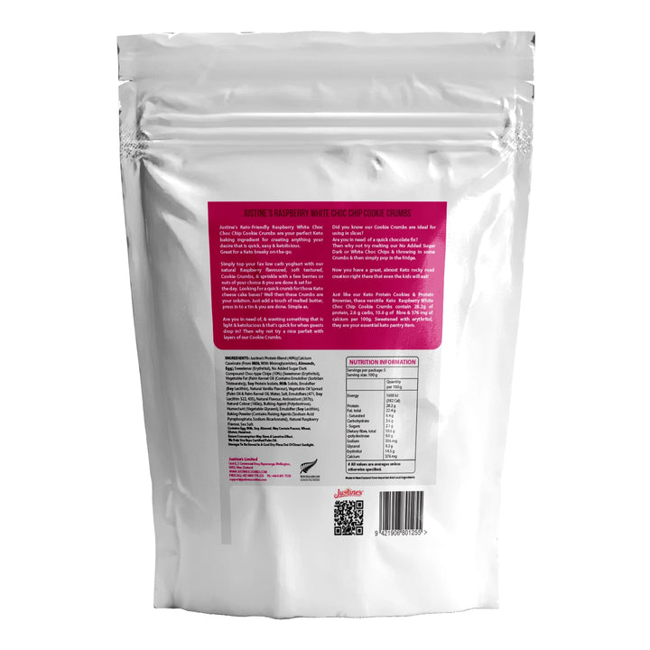 Justine's Keto Raspberry White Choc Chip Protein Cookie Crumbs 500g nutritional info and ingredients