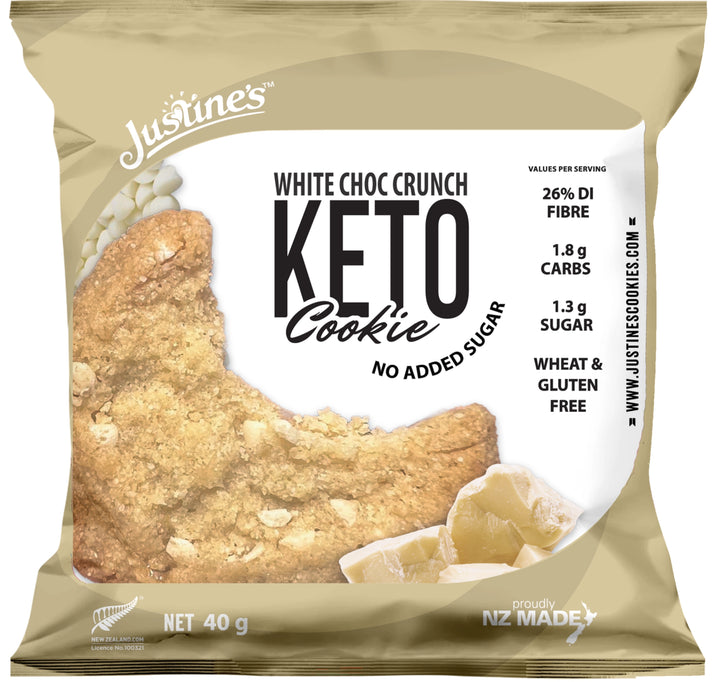Justine's Keto White Choc Crunch 40g front