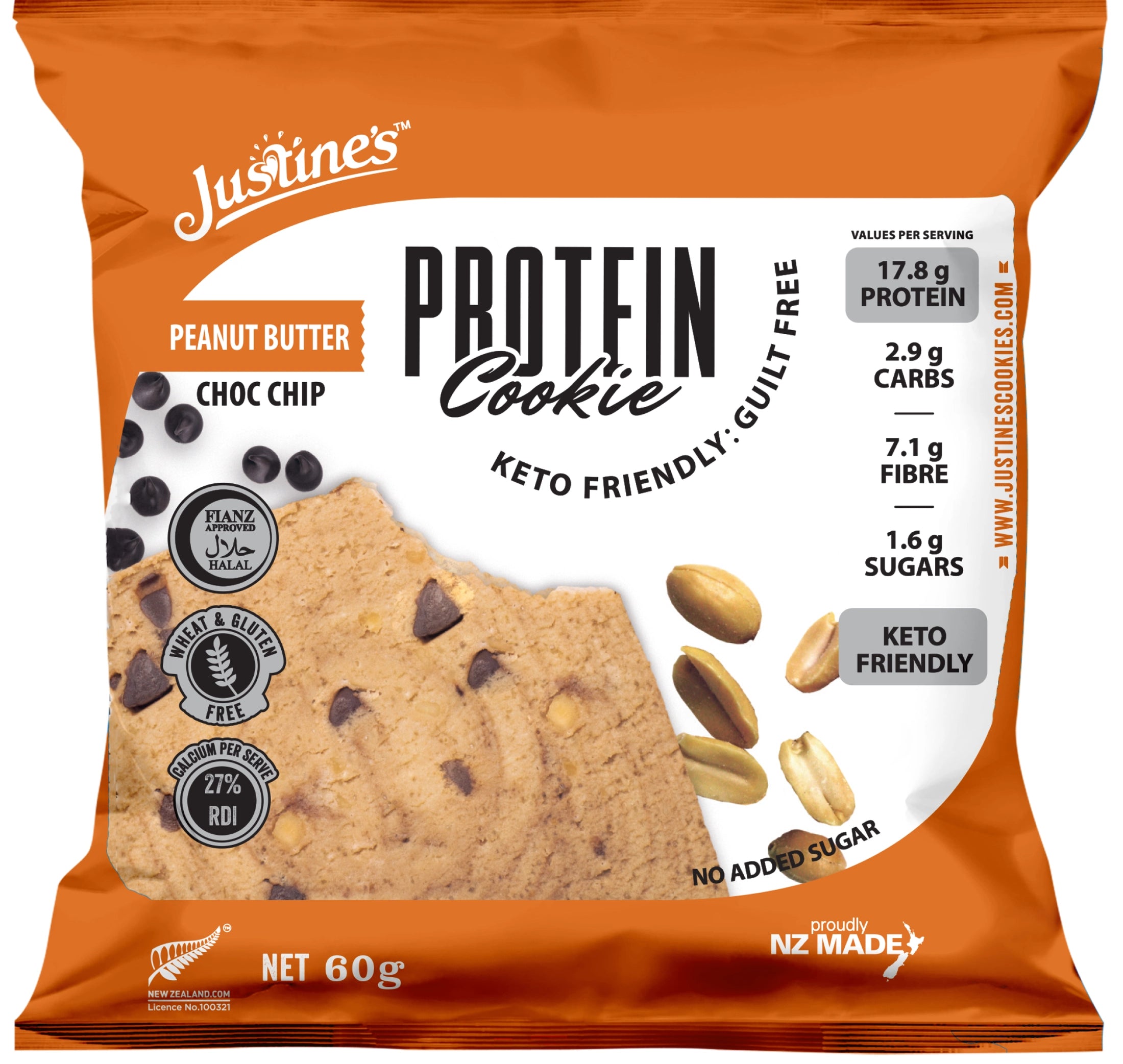 Justine's Keto Peanut Butter Choc Chip Protein Cookie 60g