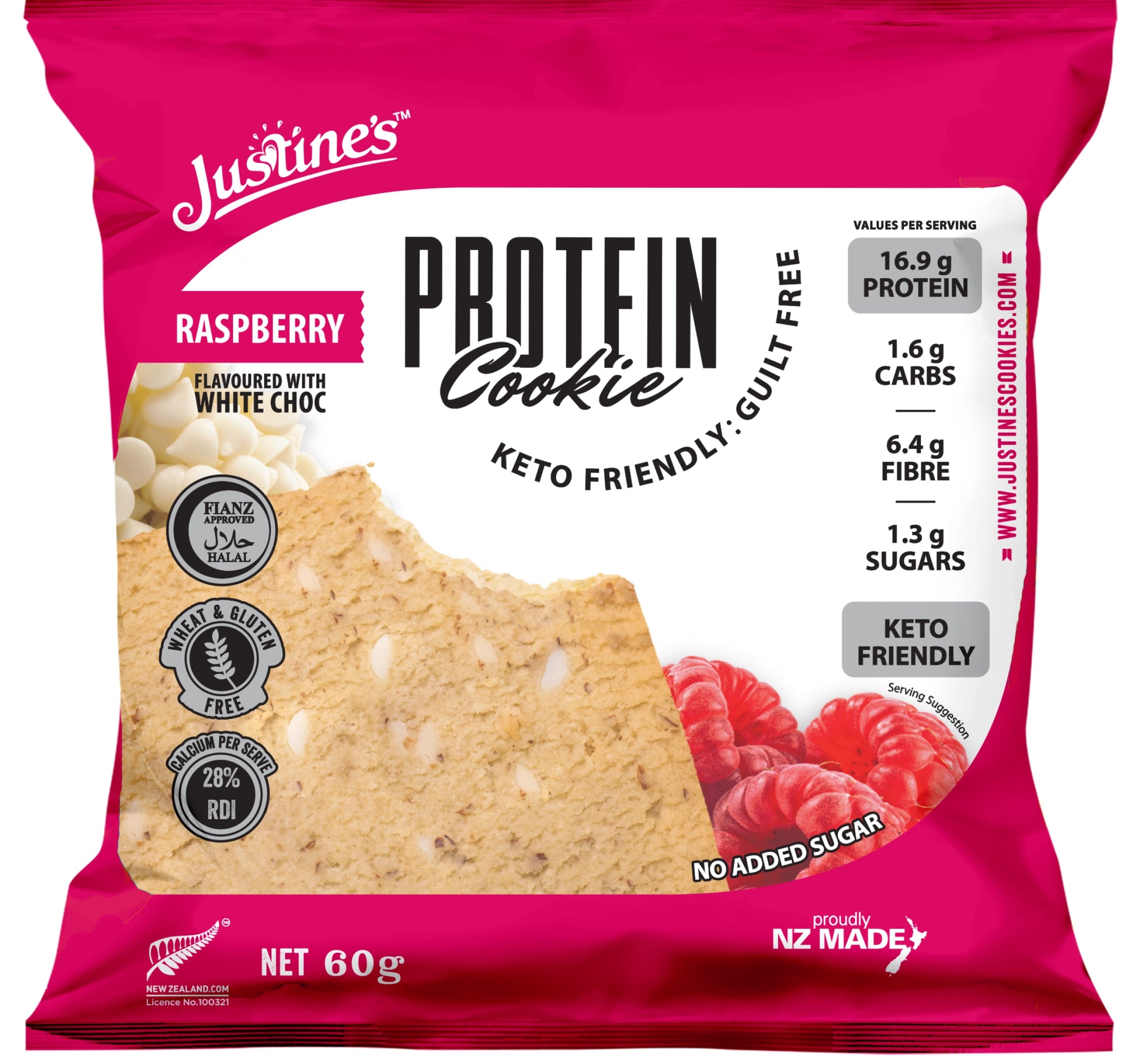 Justine's Keto Raspberry White Choc Protein Cookie 60g front