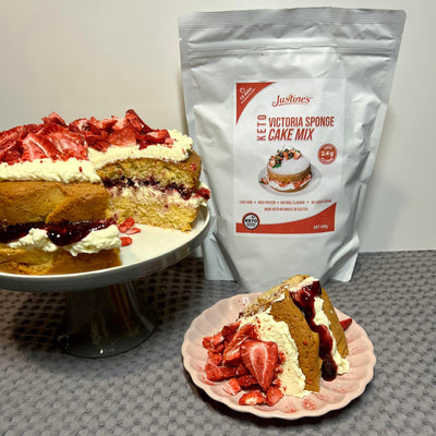 low carb strawberrries and cream layered sponge made with Justine's  keto victoria sponge cake mix