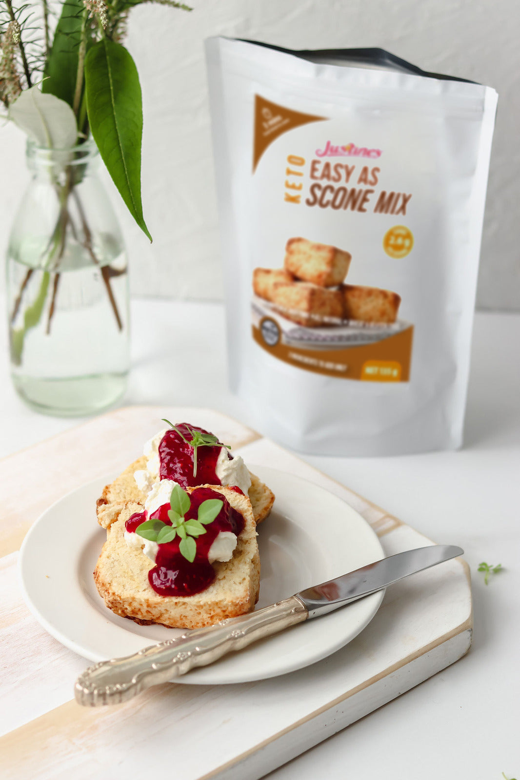 Keto Scone with Jam and Cream and Justine's Keto Scone Mix Pouch