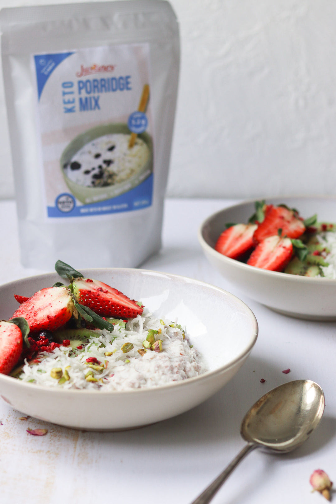 strawberry coconut keto porridge bowls with justine's keto porridge mix